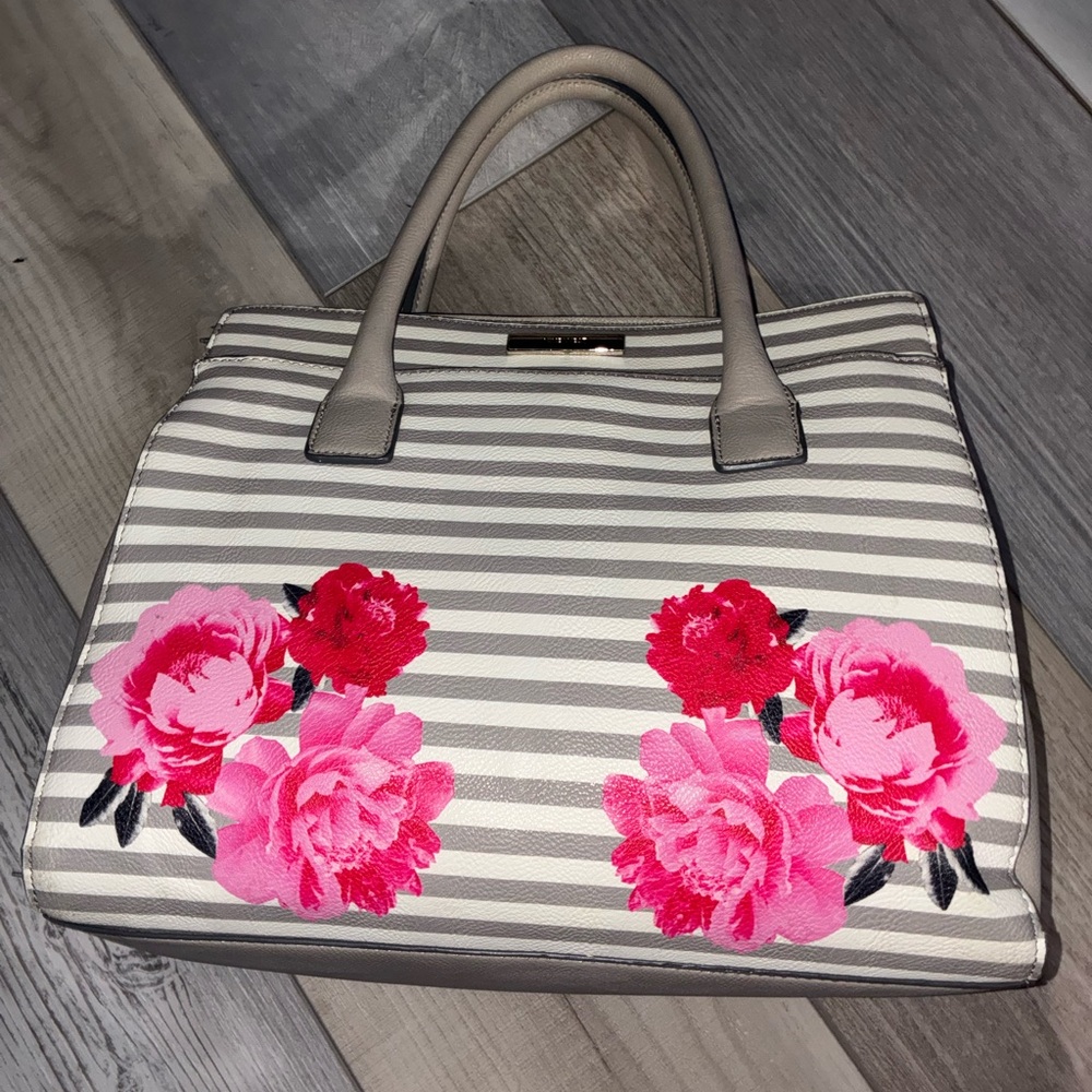 Nine West Gray Striped Satchel with Pink Floral Accents
